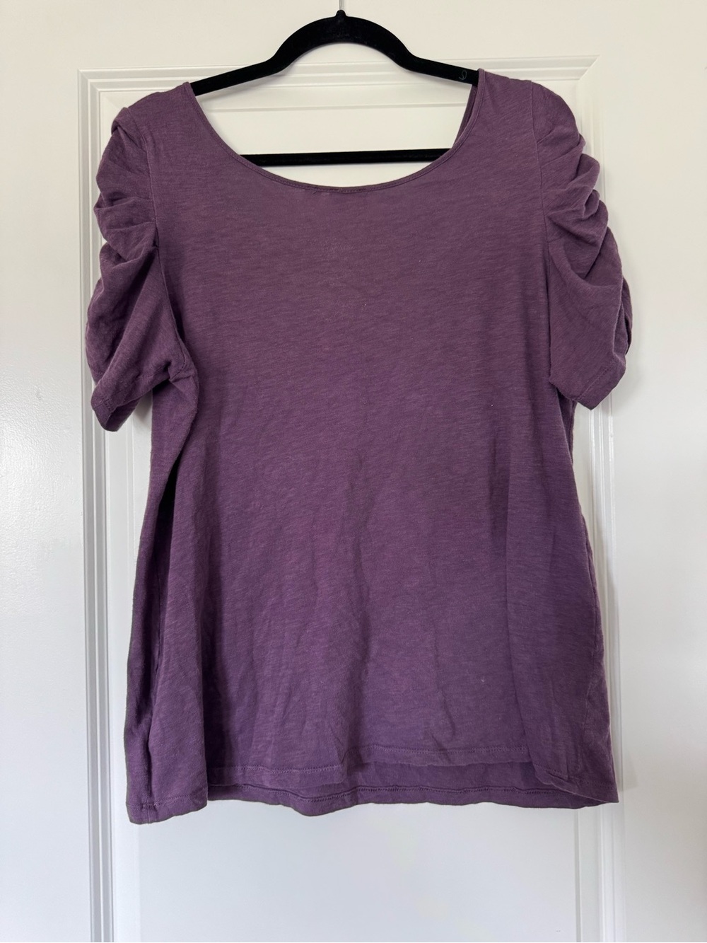 Anthropologie Purple Scoop Neck Ruched Sleeve Top